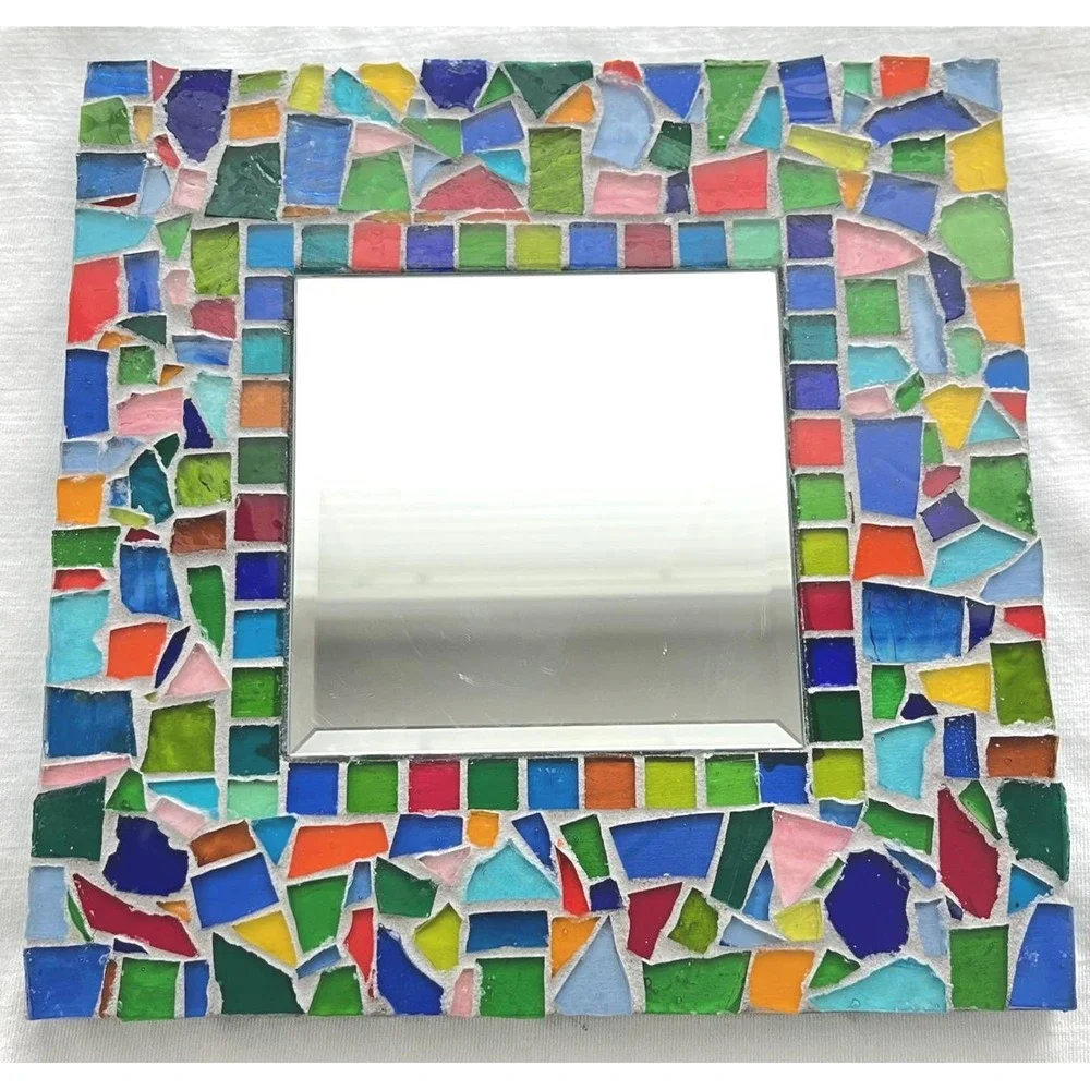 Stained Glass Mosaic Mirror Colorful Glass Tile Wall Mirror Beveled Boho Decor
